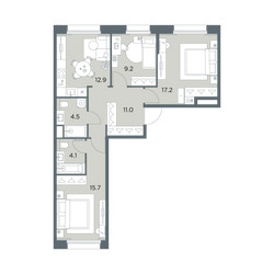 Планировка трехкомнатной(квартира) площадью 74.6 квадратных метров в ЖК “ЖК Станиславский”