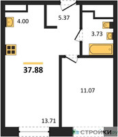 Планировка однокомнатной(квартира) площадью 37.88 квадратных метров в “ЖК ЭкоБунино (Южное Бунино)”