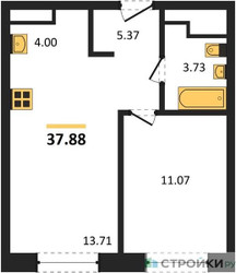 Планировка однокомнатной(квартира) площадью 37.88 квадратных метров в ЖК “ЖК ЭкоБунино (Южное Бунино)”