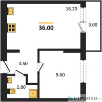 Планировка однокомнатной(квартира) площадью 36 квадратных метров в “ЖК Первый квартал”