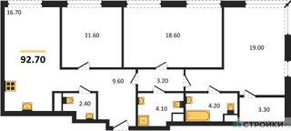 Планировка трехкомнатной(квартира) площадью 92.7 квадратных метров в “ЖК Voxhall (Воксхолл)”