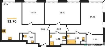 Планировка трехкомнатной(квартира) площадью 92.7 квадратных метров в ЖК “ЖК Voxhall (Воксхолл)”