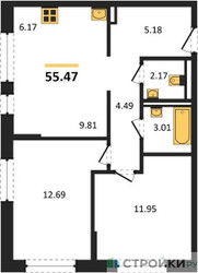 Планировка двухкомнатной(квартира) площадью 55.47 квадратных метров в “ЖК Квартал Марьино”