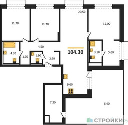Планировка трехкомнатной(квартира) площадью 104.3 квадратных метров в ЖК “ЖК Равновесие”
