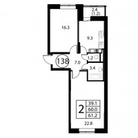 Планировка двухкомнатной(квартира) площадью 61.2 квадратных метров в “ЖК Космос”