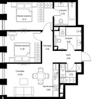 Планировка двухкомнатной(квартира) площадью 65.45 квадратных метров в “ЖК Сити Бэй”