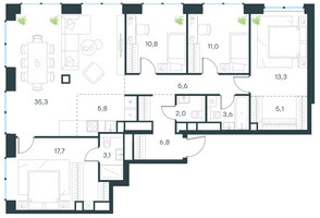 Планировка 4+ комнатной(квартира) площадью 112.1 квадратных метров в “ЖК Левел Звенигородская”