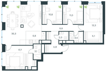 Планировка 4+ комнатной(квартира) площадью 112.1 квадратных метров в ЖК “ЖК Левел Звенигородская”