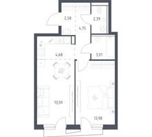 Планировка однокомнатной(квартира) площадью 44.3 квадратных метров в “ЖК Квартал Авиаторов”