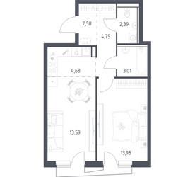 Планировка однокомнатной(квартира) площадью 44.3 квадратных метров в ЖК “ЖК Квартал Авиаторов”