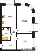 Планировка двухкомнатной(квартира) площадью 54.7 квадратных метров в “ЖК Шагал”