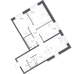 Планировка трехкомнатной(квартира) площадью 74.29 квадратных метров в ЖК “ЖК ЭкоБунино (Южное Бунино)”