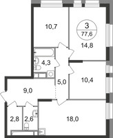 Планировка трехкомнатной(квартира) площадью 77.6 квадратных метров в “ЖК Первый Московский”