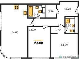 Планировка двухкомнатной(квартира) площадью 68.6 квадратных метров в “ЖК Нагатино Ай-Лэнд”