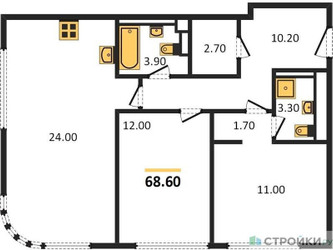 Планировка двухкомнатной(квартира) площадью 68.6 квадратных метров в ЖК “ЖК Нагатино Ай-Лэнд”
