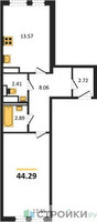 Планировка однокомнатной(квартира) площадью 44.29 квадратных метров в “ЖК Молжаниново”