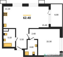 Планировка однокомнатной(квартира) площадью 62.4 квадратных метров в “ЖК Дзен-кварталы”