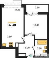 Планировка однокомнатной(квартира) площадью 37.4 квадратных метров в “ЖК Родные кварталы”