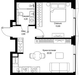 Планировка однокомнатной(квартира) площадью 41.3 квадратных метров в ЖК “Мультиквартал СИТИДЗЕН”