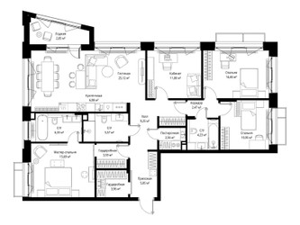 Планировка 4+ комнатной(квартира) площадью 130.82 квадратных метров в ЖК “Архитектурный проект Мыс”