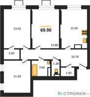Планировка трехкомнатной(квартира) площадью 69.9 квадратных метров в “ЖК Видный берег 2”
