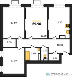Планировка трехкомнатной(квартира) площадью 69.9 квадратных метров в ЖК “ЖК Видный берег 2”