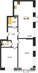 Планировка двухкомнатной(квартира) площадью 61.9 квадратных метров в ЖК “ЖК Лучи-2”