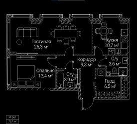 Планировка двухкомнатной(квартира) площадью 73.7 квадратных метров в ЖК “ЖК СЕЗАР БУДУЩЕЕ”