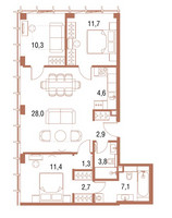 Планировка трехкомнатной(квартира) площадью 84 квадратных метров в “ЖК Симфония 34”
