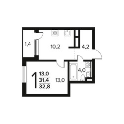 Планировка однокомнатной(квартира) площадью 32.8 квадратных метров в ЖК “Новые Ватутинки. Заречный”