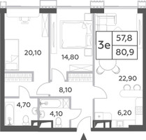 Планировка трехкомнатной(квартира) площадью 80.9 квадратных метров в “ЖК Will Towers (Вилл Тауэрс)”