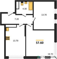 Планировка двухкомнатной(квартира) площадью 57.6 квадратных метров в “ЖК Переделкино Ближнее”