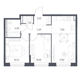 Планировка двухкомнатной(квартира) площадью 51.97 квадратных метров в ЖК “ЖК Богдановский Лес”