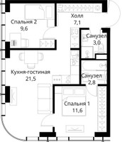Планировка двухкомнатной(квартира) площадью 55.6 квадратных метров в “ЖК Сити Бэй”