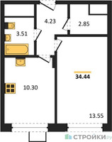 Планировка однокомнатной(квартира) площадью 34.44 квадратных метров в “ЖК Новоград Павлино”