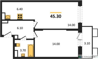Планировка однокомнатной(квартира) площадью 45.3 квадратных метров в “ЖК Пироговская Ривьера”