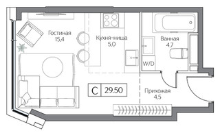 Планировка студии(квартира) площадью 29 квадратных метров в “ЖК Dream Riva (Дрим Рива)”