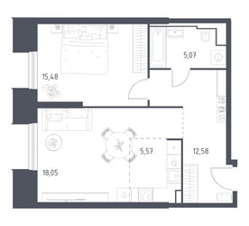 Планировка однокомнатной(апартаменты) площадью 56.75 квадратных метров в ЖК “ЖК Скай Спутник”