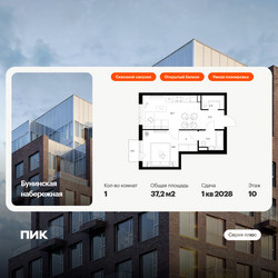 Планировка однокомнатной(квартира) площадью 37.2 квадратных метров в ЖК “Бунинская набережная”