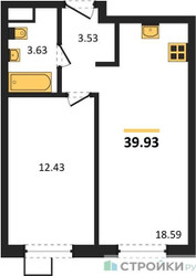 Планировка однокомнатной(квартира) площадью 39.93 квадратных метров в ЖК “ЖК Квартал Тетрис”