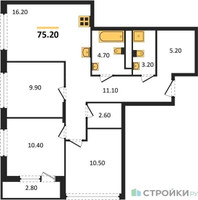 Планировка трехкомнатной(квартира) площадью 75.2 квадратных метров в “ЖК Южные сады”