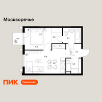Планировка однокомнатной(квартира) площадью 37.6 квадратных метров в “ЖК Москворечье”