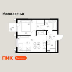 Планировка однокомнатной(квартира) площадью 37.6 квадратных метров в ЖК “ЖК Москворечье”