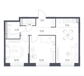 Планировка двухкомнатной(квартира) площадью 57.31 квадратных метров в ЖК “ЖК Богдановский Лес”