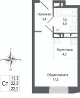 Планировка студии(квартира) площадью 22.2 квадратных метров в “ЖК КИНОКВАРТАЛ”