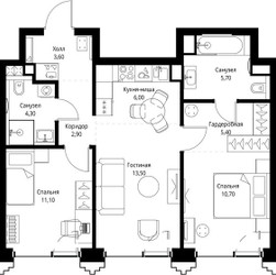 Планировка двухкомнатной(квартира) площадью 63.5 квадратных метров в ЖК “ЖК СЕТ”