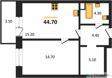 Планировка однокомнатной(квартира) площадью 44.7 квадратных метров в ЖК “ЖК Одинцовские кварталы”
