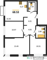 Планировка трехкомнатной(квартира) площадью 68.53 квадратных метров в “ЖК Пригород Лесное”