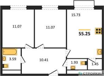 Планировка двухкомнатной(квартира) площадью 55.25 квадратных метров в ЖК “ЖК Квартал Румянцево (МелиСад)”