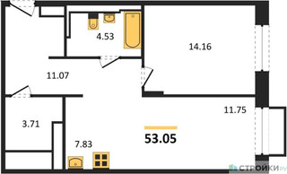 Планировка однокомнатной(квартира) площадью 53.05 квадратных метров в “ЖК Долина Яузы”